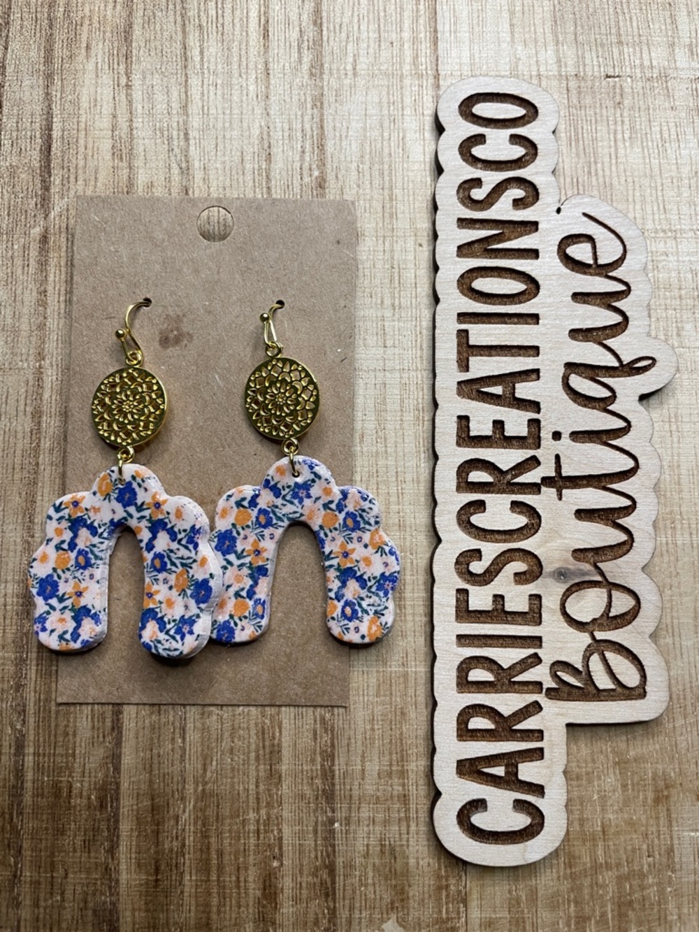 Floral Blue & Orange Arch Dangle Earrings